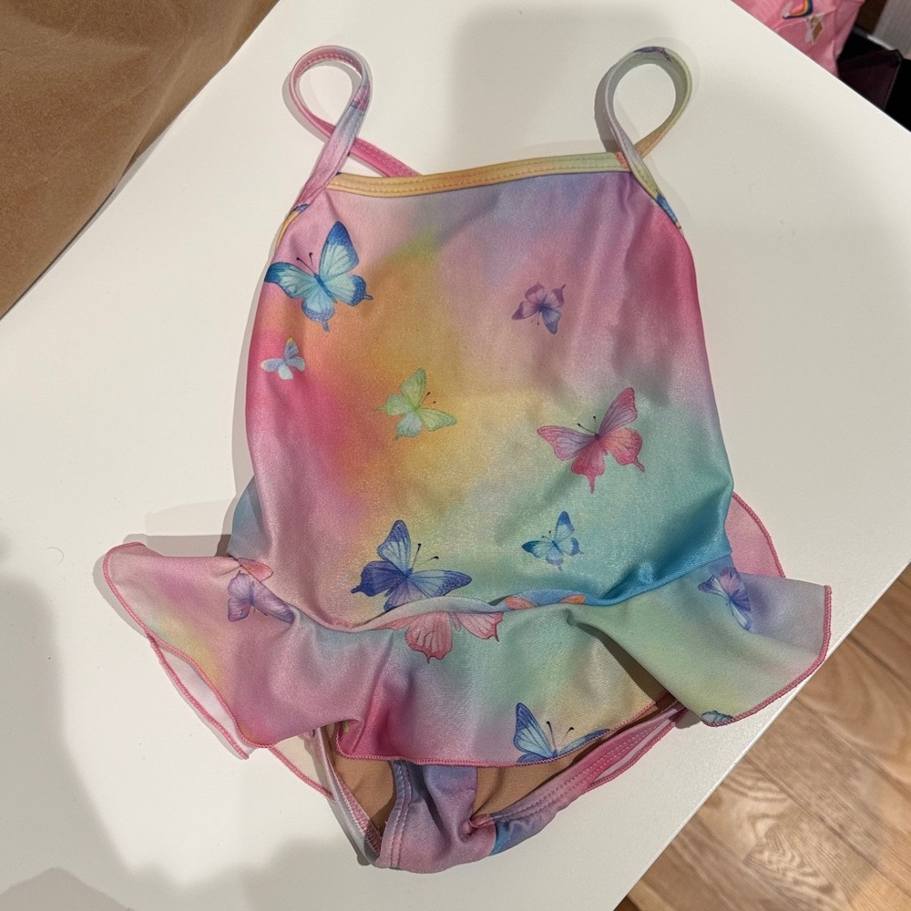 Girls' Pastel Rainbow Butterfly One-Piece Swimsuit